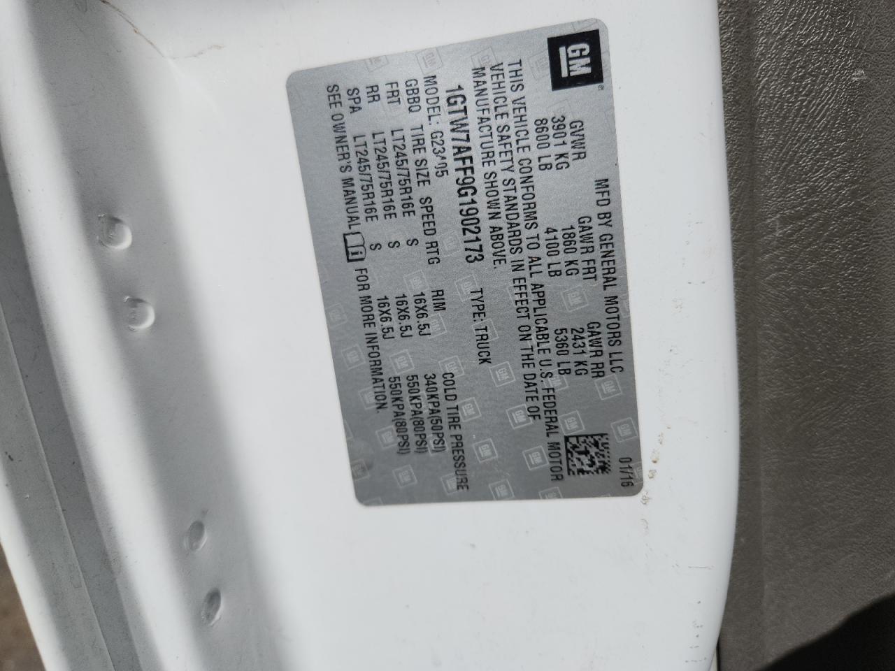 2016 GMC Savana G2500 VIN: 1GTW7AFF9G1902173 Lot: 68974175