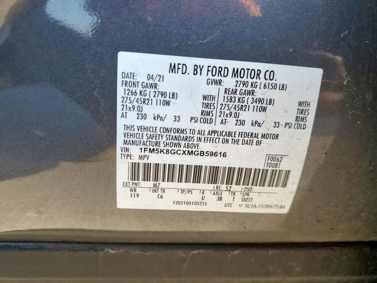 2021 Ford Explorer St VIN: 1FM5K8GCXMGB59616 Lot: 84791265