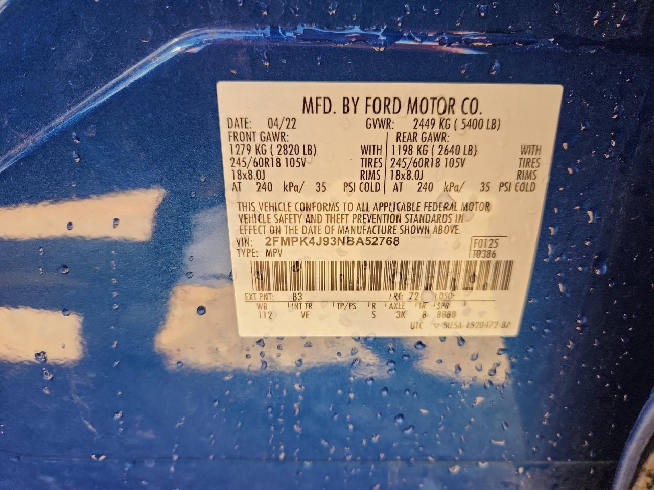 2022 Ford Edge Sel VIN: 2FMPK4J93NBA52768 Lot: 84929255