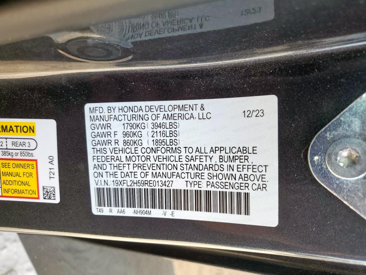 2024 Honda Civic Lx VIN: 19XFL2H59RE013427 Lot: 84426215