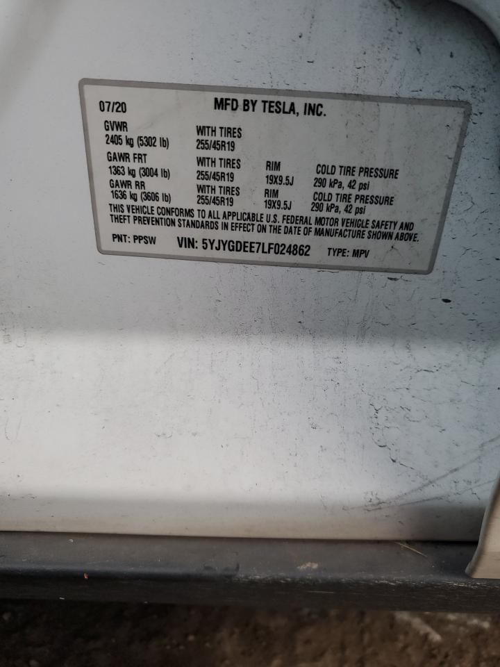 2020 Tesla Model Y VIN: 5YJYGDEE7LF024862 Lot: 86545435