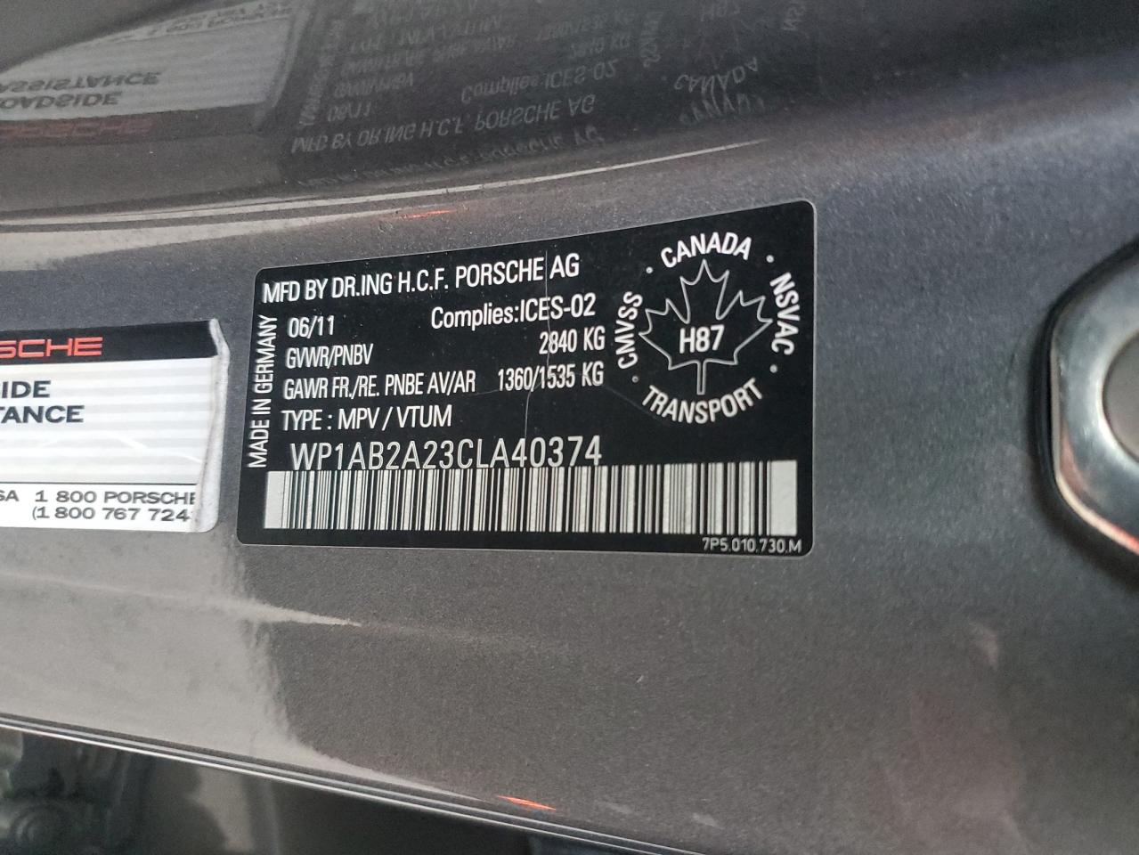 2012 Porsche Cayenne S VIN: WP1AB2A23CLA40374 Lot: 85318275