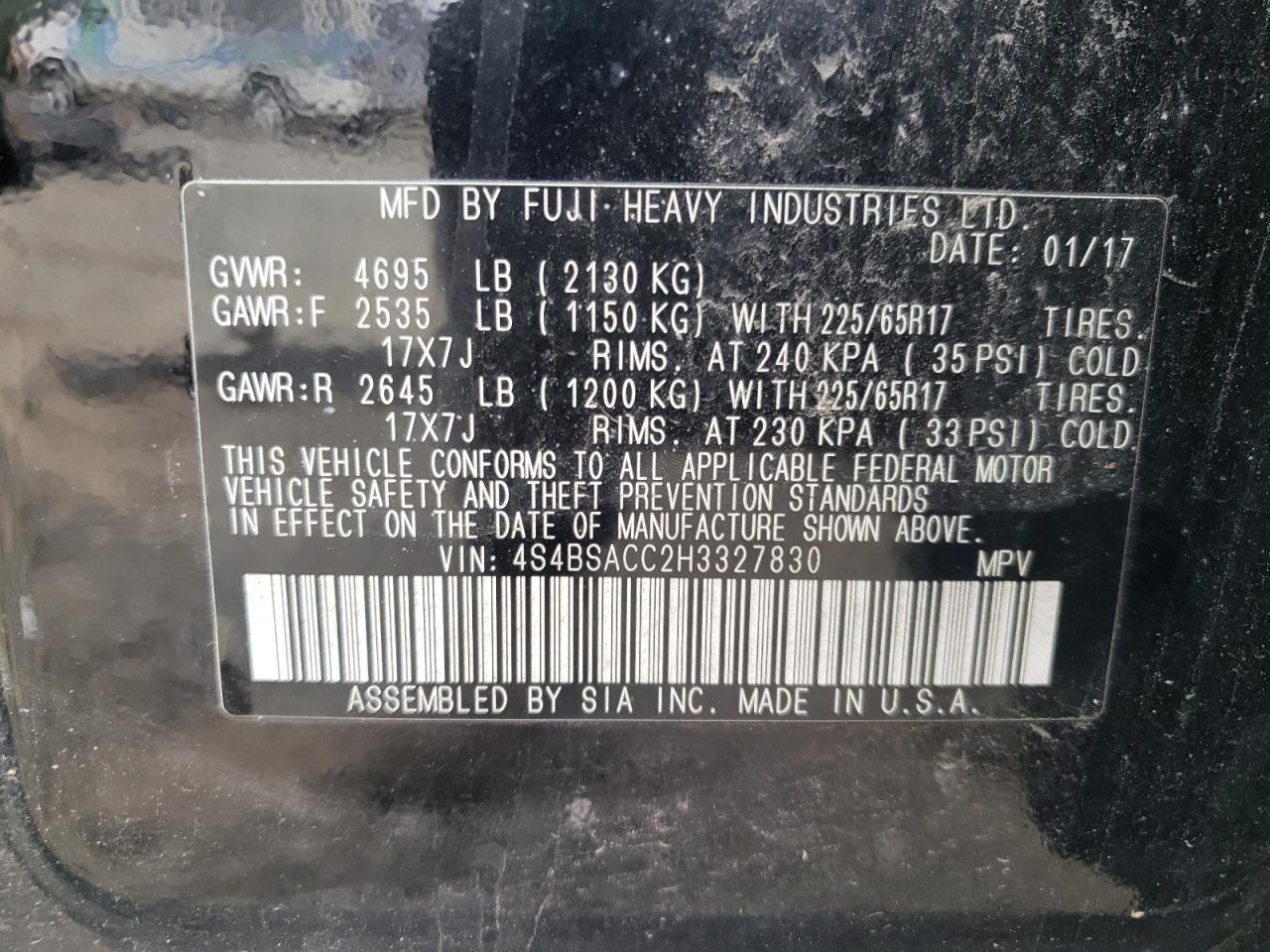 2017 Subaru Outback 2.5I Premium VIN: 4S4BSACC2H3327830 Lot: 84779755