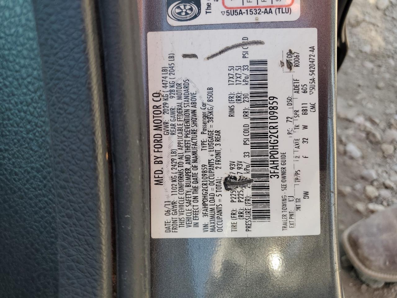 2012 Ford Fusion Se VIN: 3FAHP0HG2CR109859 Lot: 85006975