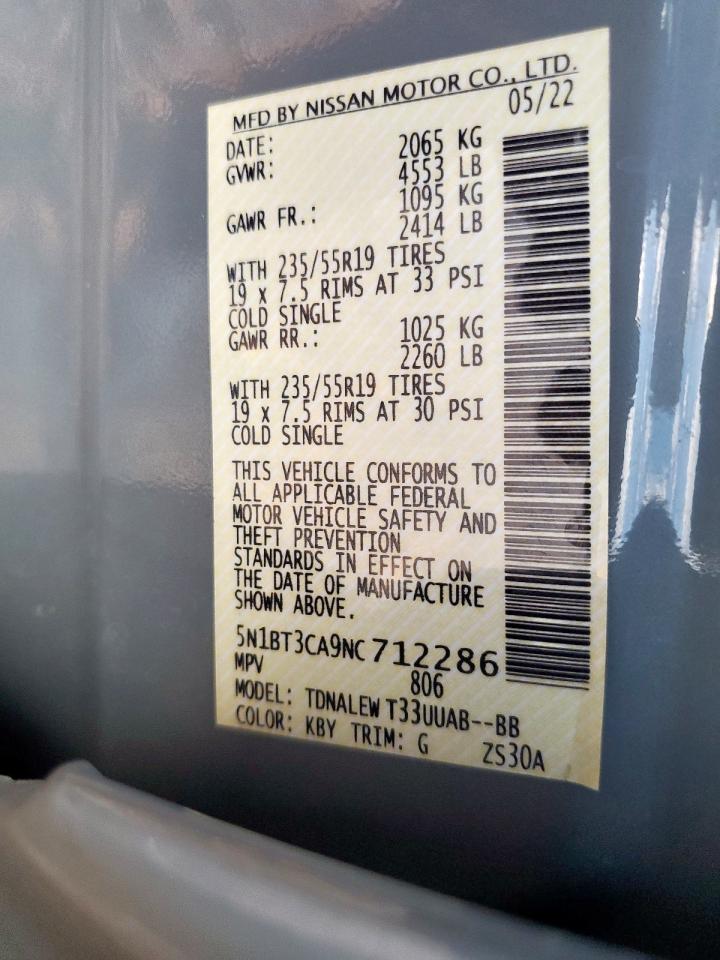 2022 Nissan Rogue Sl VIN: 5N1BT3CA9NC712286 Lot: 84583985