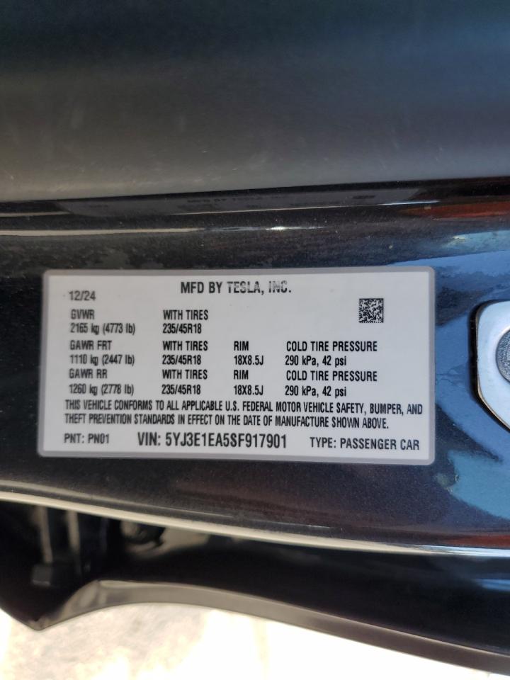 2025 Tesla Model 3 VIN: 5YJ3E1EA5SF917901 Lot: 90730085