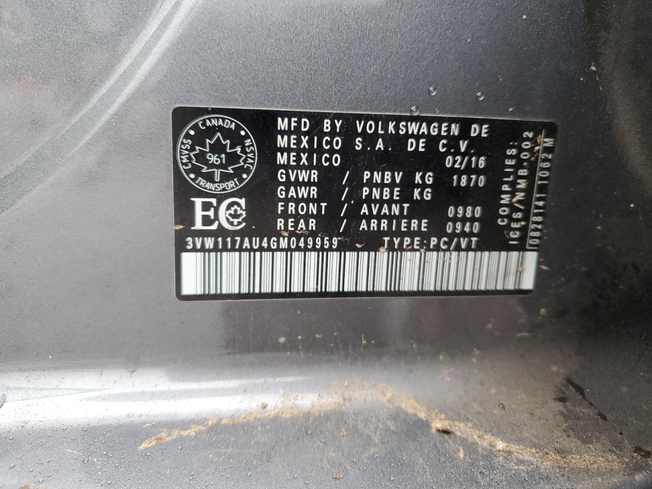 2016 Volkswagen Golf S VIN: 3VW117AU4GM049959 Lot: 87268285