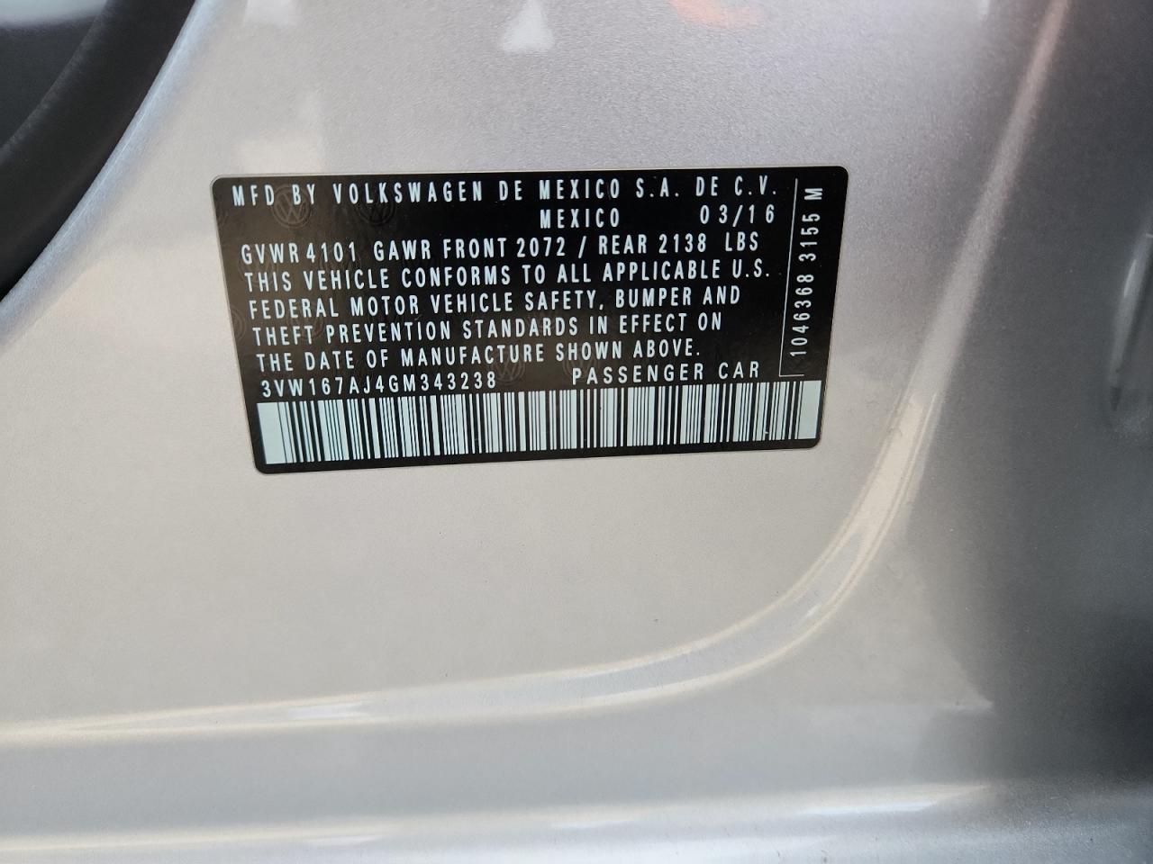 2016 Volkswagen Jetta S VIN: 3VW167AJ4GM343238 Lot: 82231735