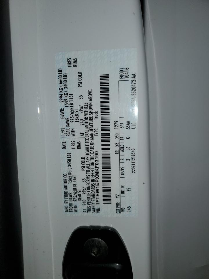 2021 Ford F150 Supercrew VIN: 1FTEW1EPXMKF03190 Lot: 89927585