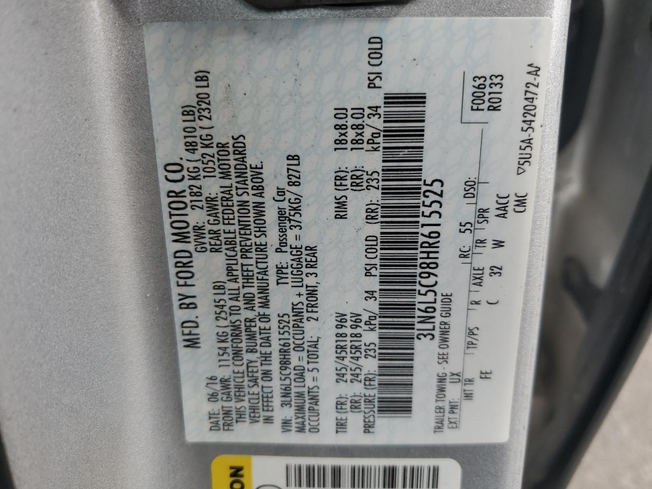 2017 Lincoln Mkz Select VIN: 3LN6L5C98HR615525 Lot: 85552345