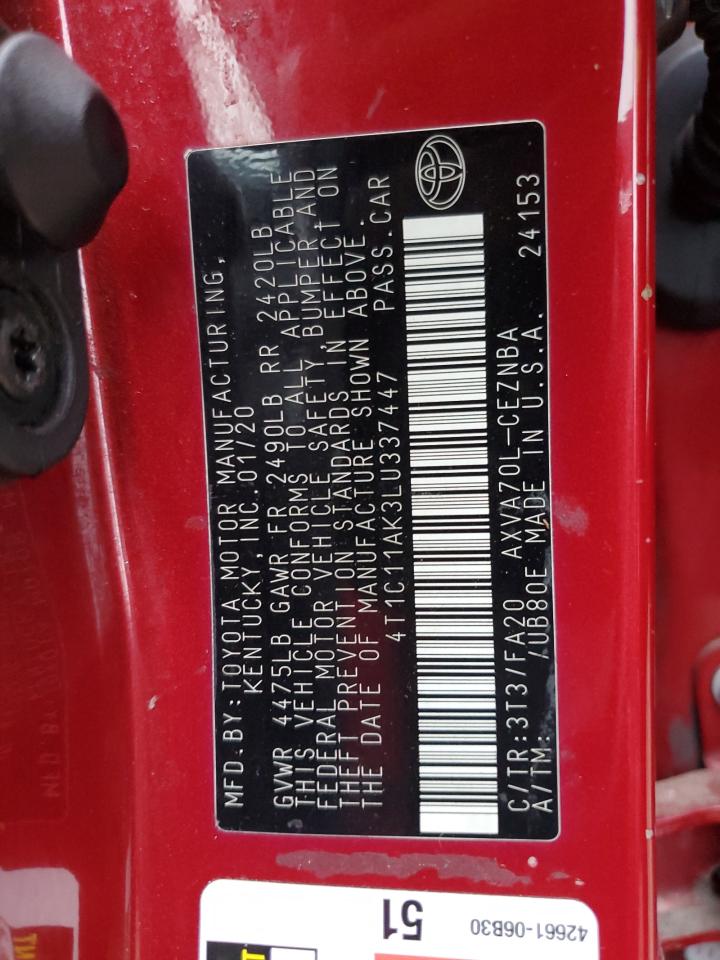 2020 Toyota Camry Le VIN: 4T1C11AK3LU337447 Lot: 85543635