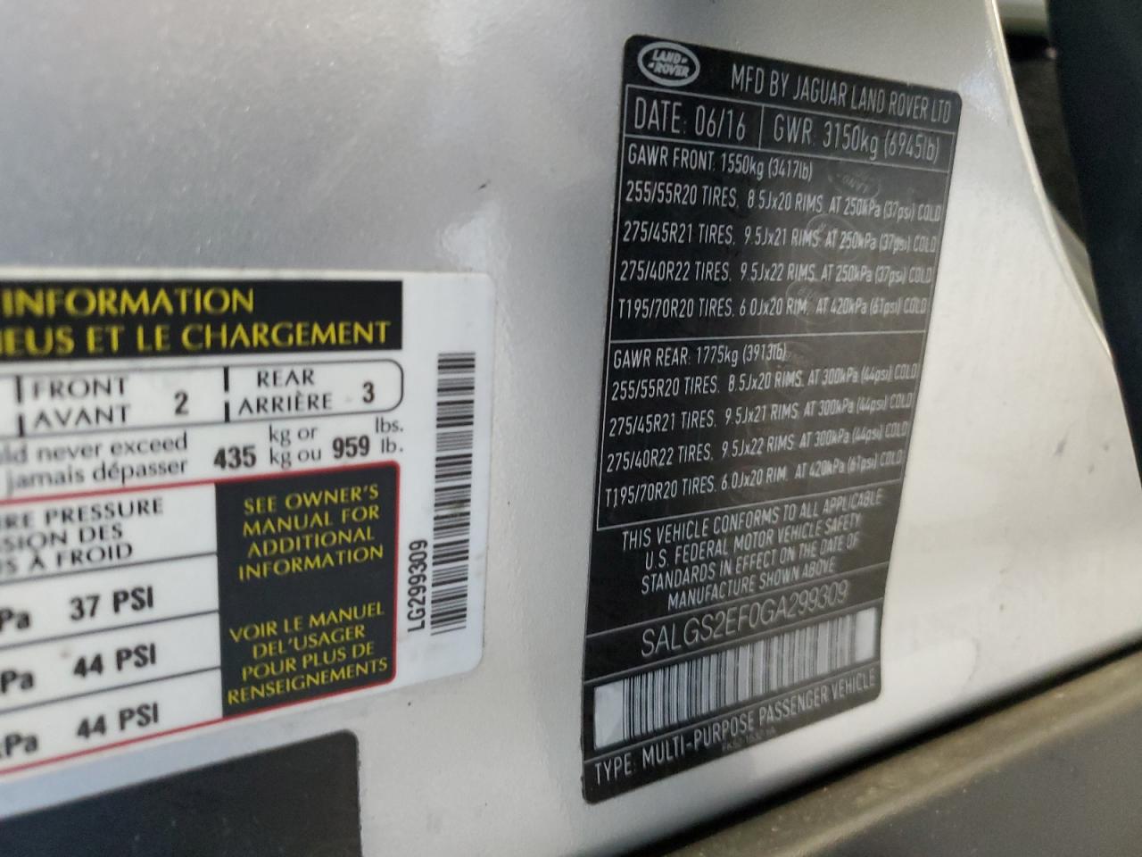 2016 Land Rover Range Rover Supercharged VIN: SALGS2EF0GA299309 Lot: 82600835