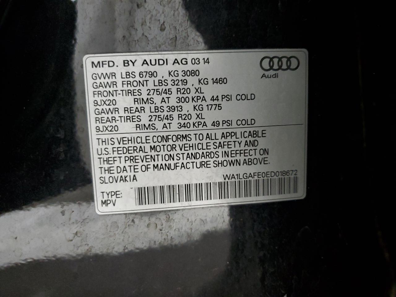 2014 Audi Q7 Premium Plus VIN: WA1LGAFE0ED018672 Lot: 86297415