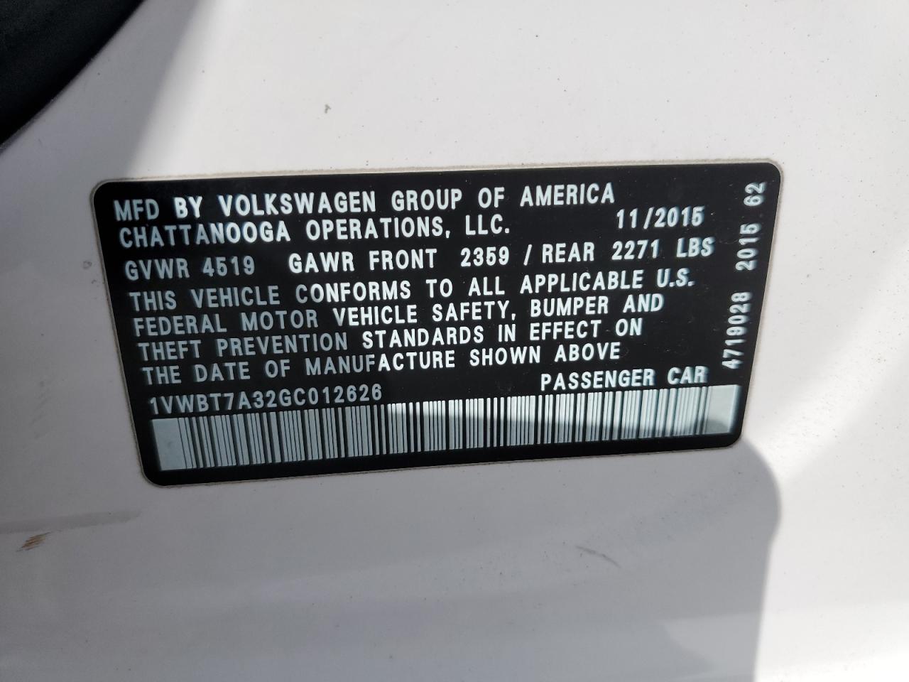 2016 Volkswagen Passat Se VIN: 1VWBT7A32GC012626 Lot: 85935715