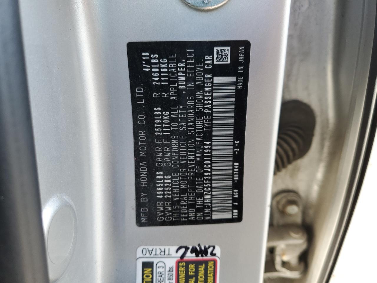 2018 Honda Clarity Touring VIN: JHMZC5F39JC011994 Lot: 82653715