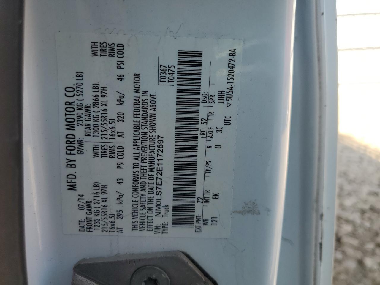 2014 Ford Transit Connect Xl VIN: NM0LS7E72E1172597 Lot: 85293765