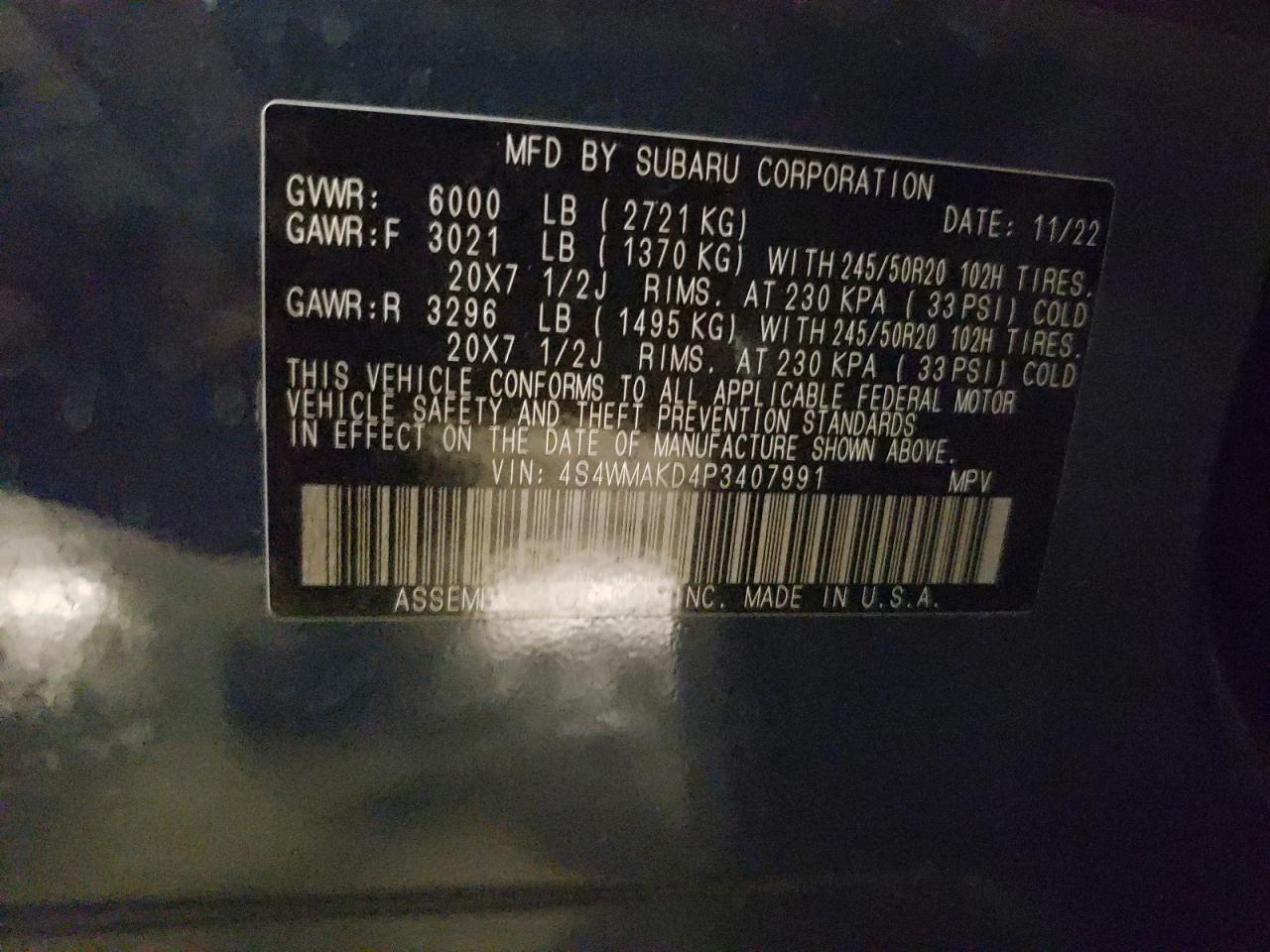 2023 Subaru Ascent Limited VIN: 4S4WMAKD4P3407991 Lot: 84930875