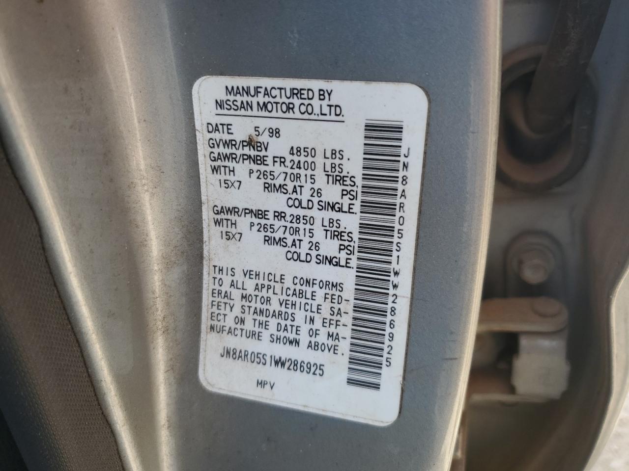 1998 Nissan Pathfinder Xe VIN: JN8AR05S1WW286925 Lot: 84232215