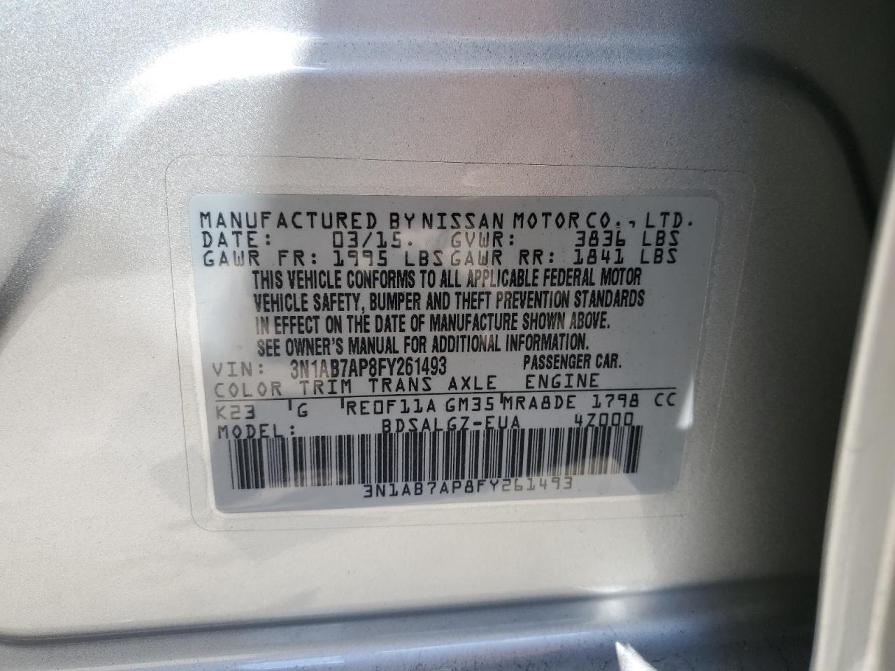 2015 Nissan Sentra S VIN: 3N1AB7AP8FY261493 Lot: 85321015