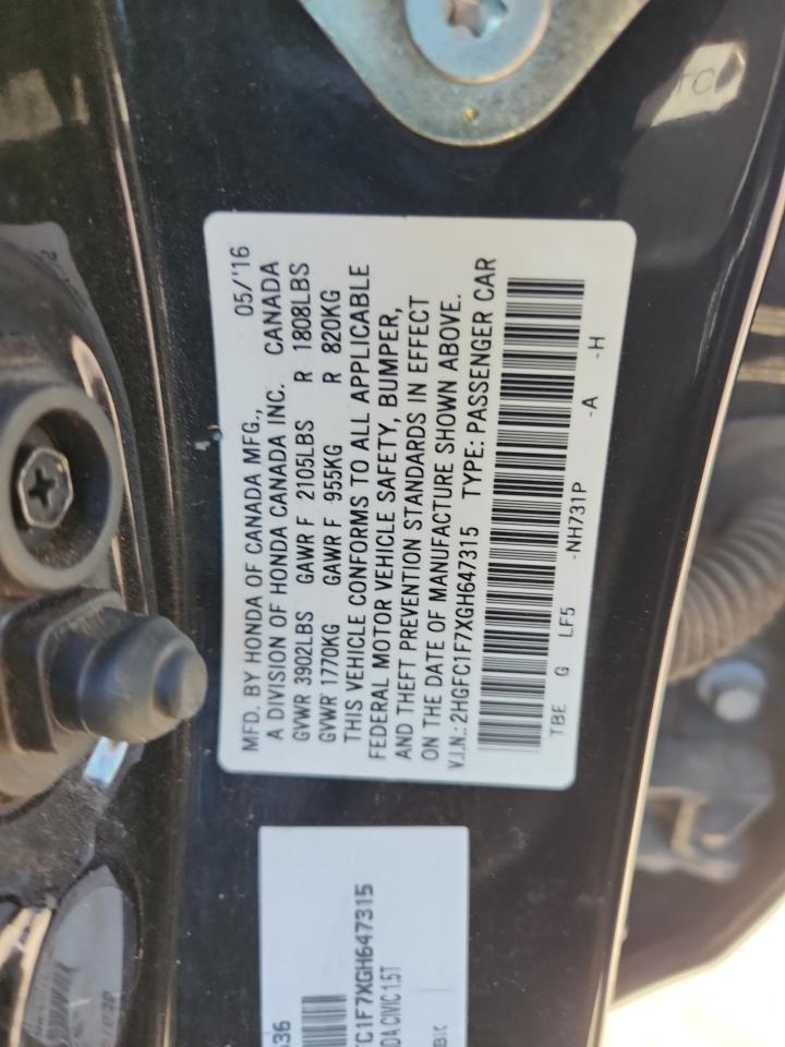 2016 Honda Civic Exl VIN: 2HGFC1F7XGH647315 Lot: 85200015