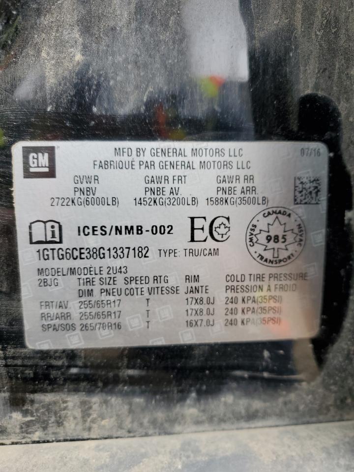 2016 GMC Canyon Sle VIN: 1GTG6CE38G1337182 Lot: 84774625