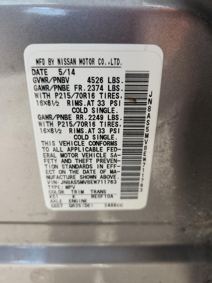 2014 Nissan Rogue Select S VIN: JN8AS5MV8EW711763 Lot: 86330835