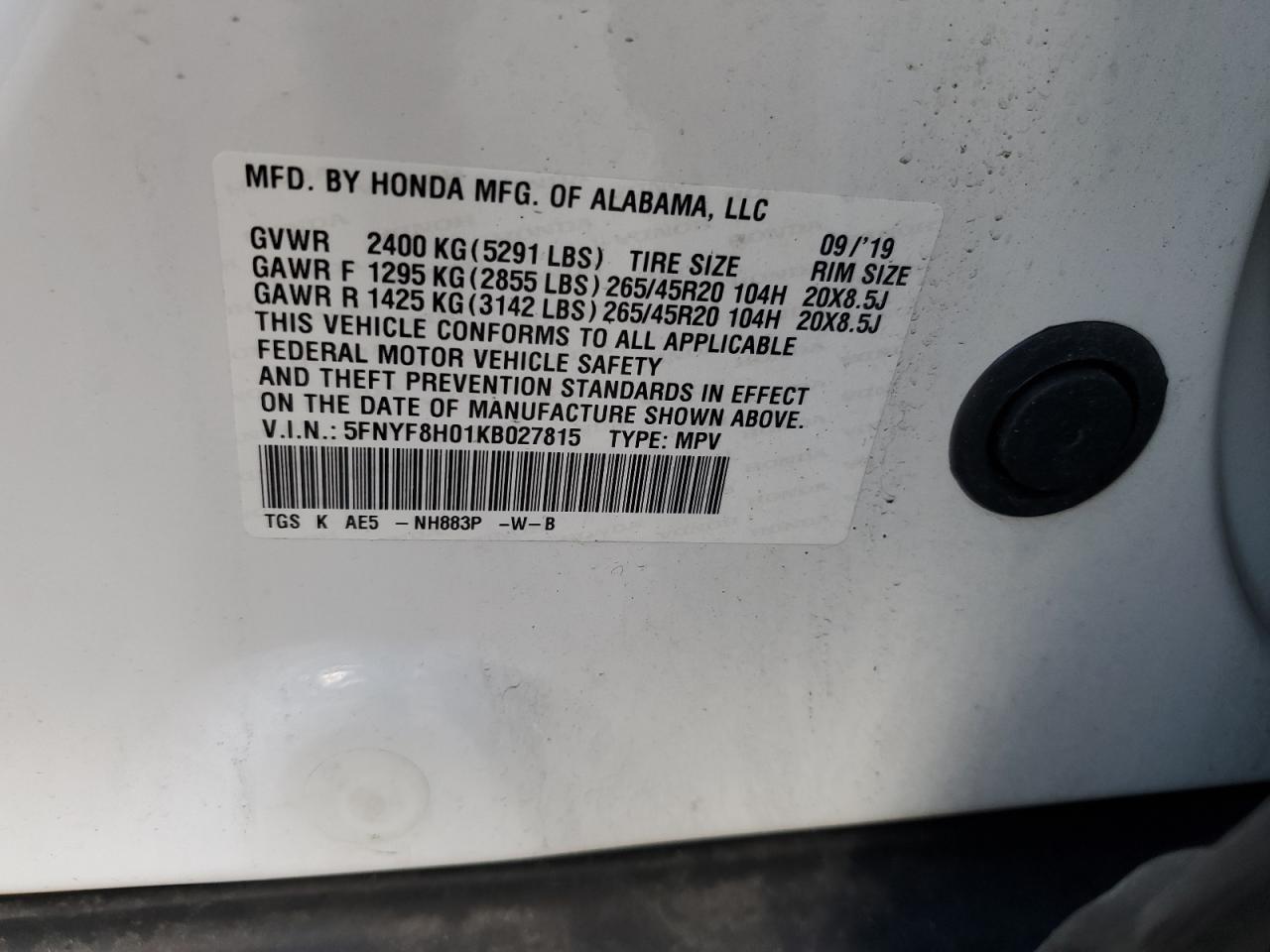 2019 Honda Passport Elite VIN: 5FNYF8H01KB027815 Lot: 84408955