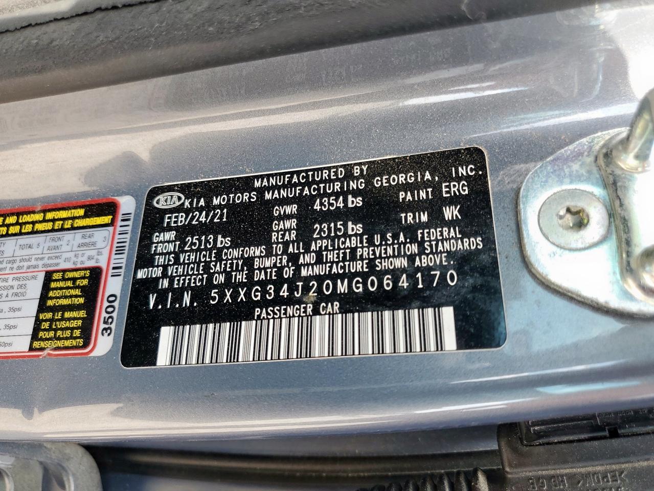 2021 Kia K5 Ex VIN: 5XXG34J20MG064170 Lot: 81987985