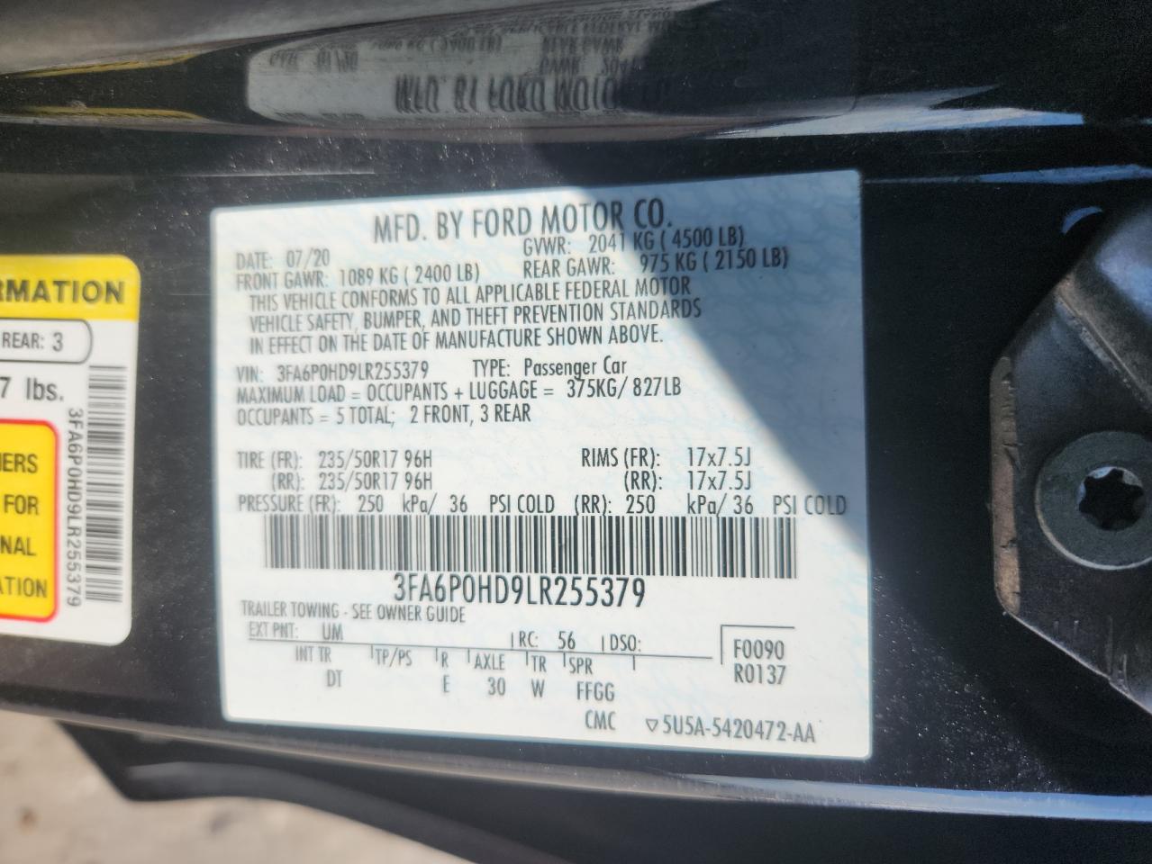 2020 Ford Fusion Se VIN: 3FA6P0HD9LR255379 Lot: 85760935