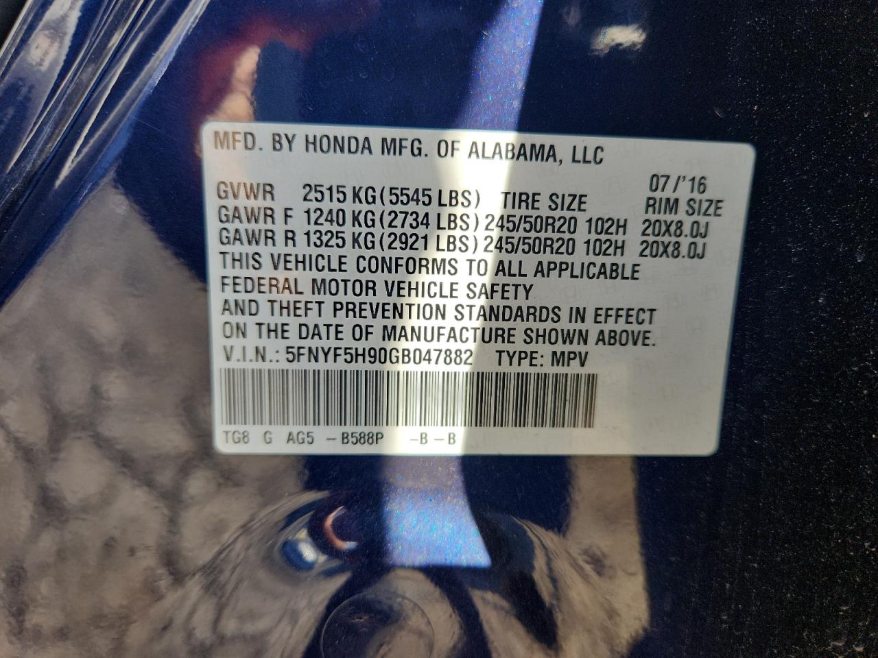 2016 Honda Pilot Touring VIN: 5FNYF5H90GB047882 Lot: 85904565