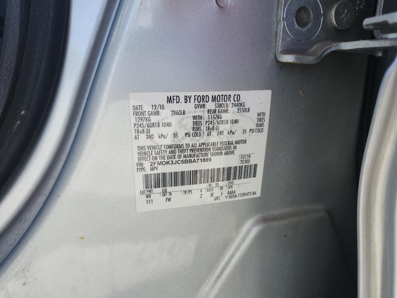 2011 Ford Edge Sel VIN: 2FMDK3JC5BBA71889 Lot: 82501265