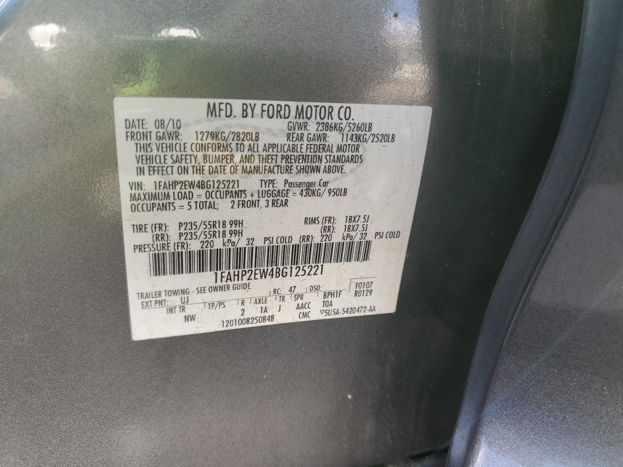 2011 Ford Taurus Sel VIN: 1FAHP2EW4BG125221 Lot: 90370715