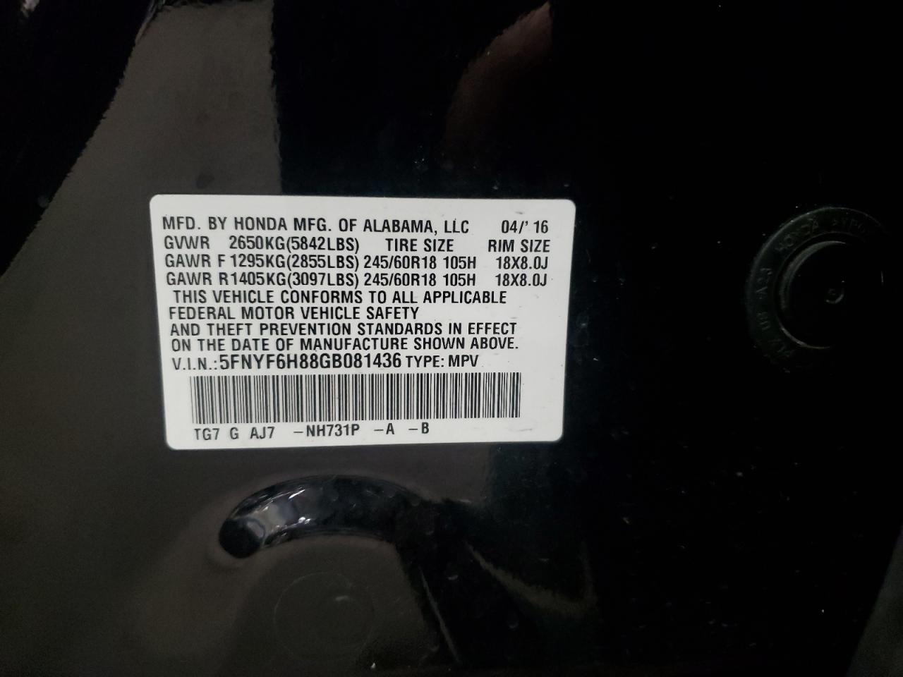 2016 Honda Pilot Exl VIN: 5FNYF6H88GB081436 Lot: 86480895