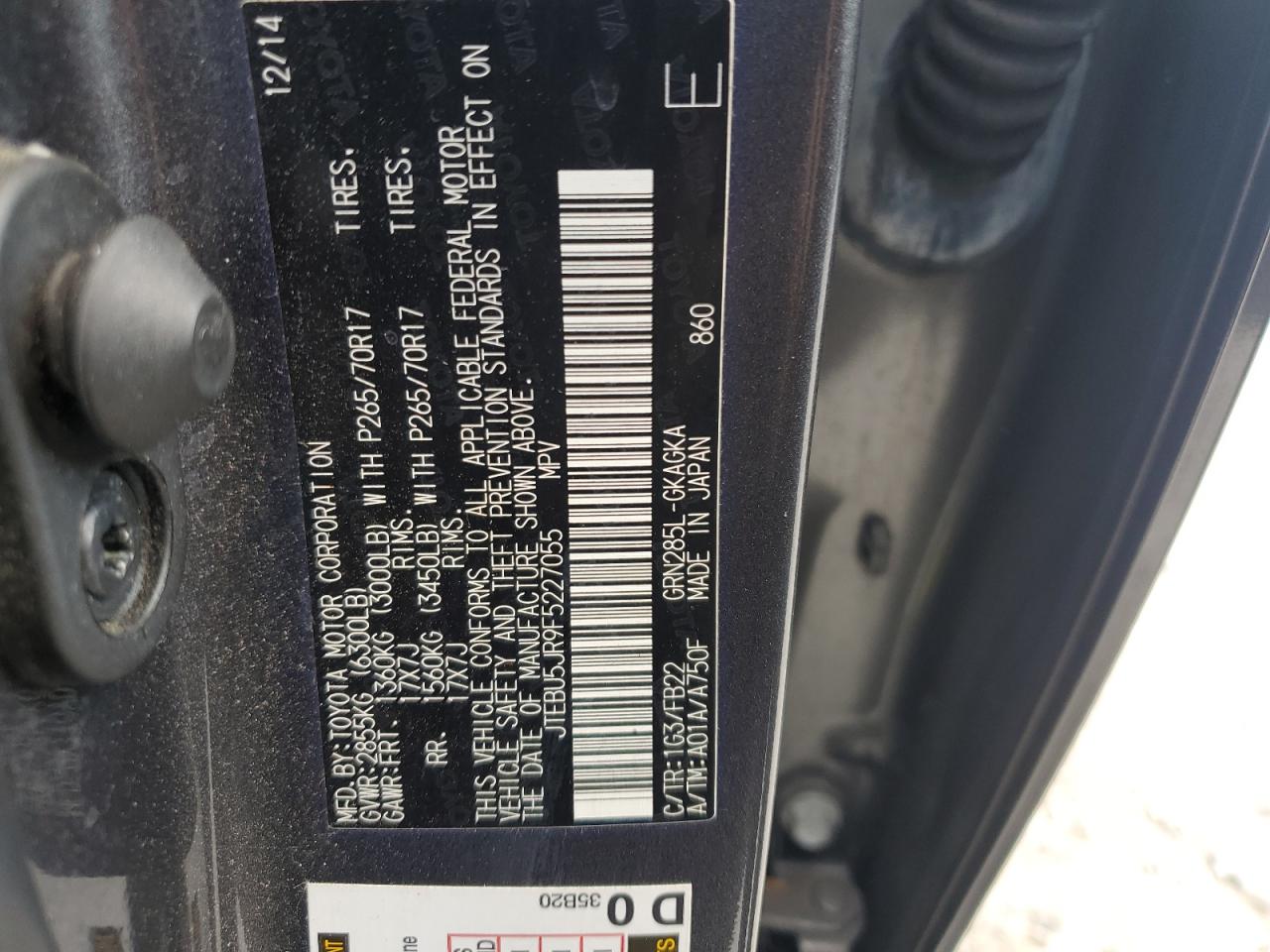 2015 Toyota 4Runner Sr5/Sr5 Premium VIN: JTEBU5JR9F5227055 Lot: 84472495