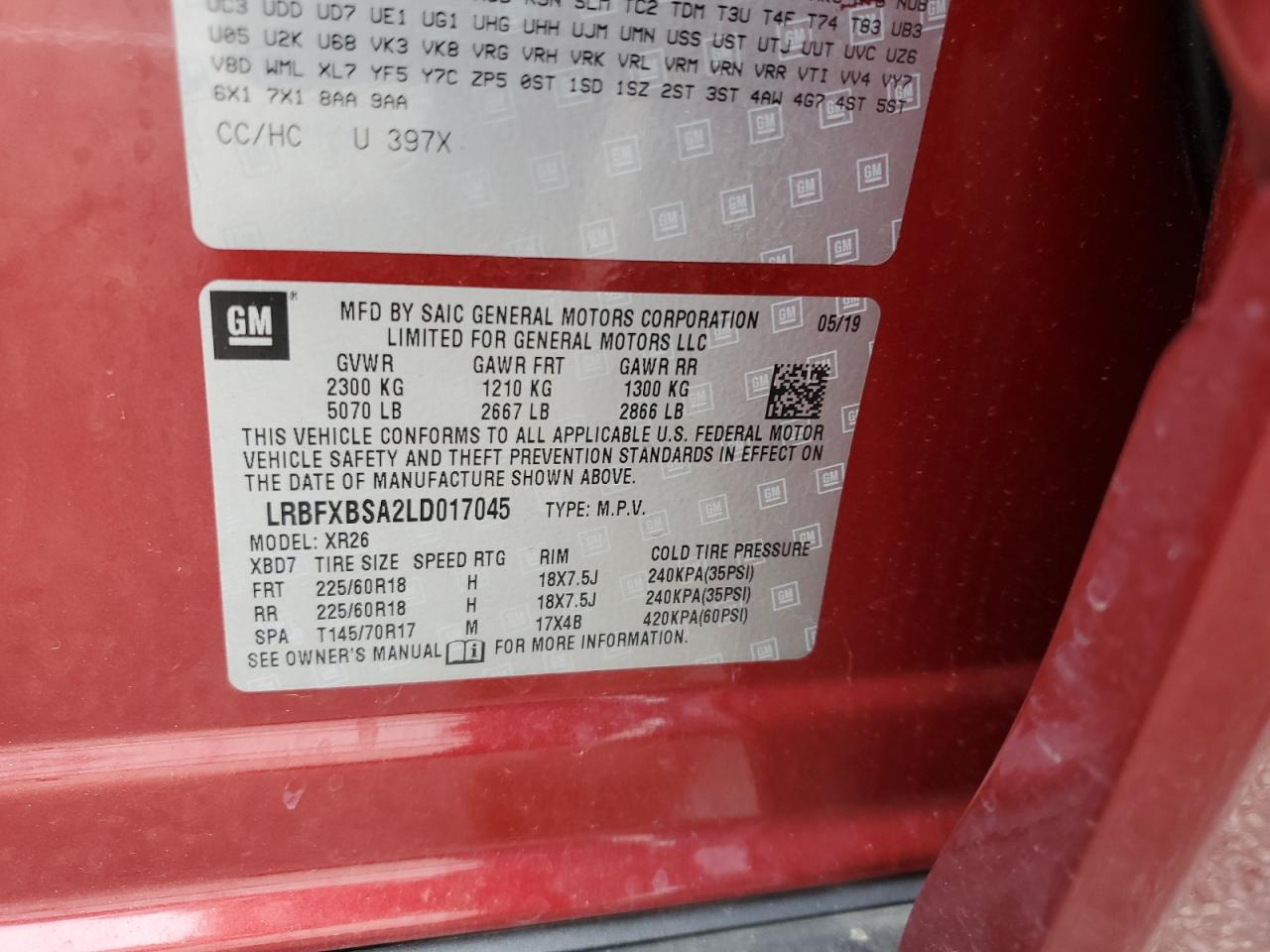 2020 Buick Envision Preferred VIN: LRBFXBSA2LD017045 Lot: 87281995