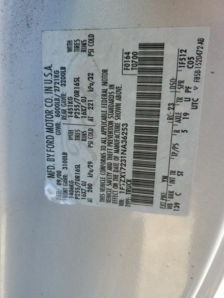 2001 Ford F150 VIN: 1FTZX17231NA36253 Lot: 85595575