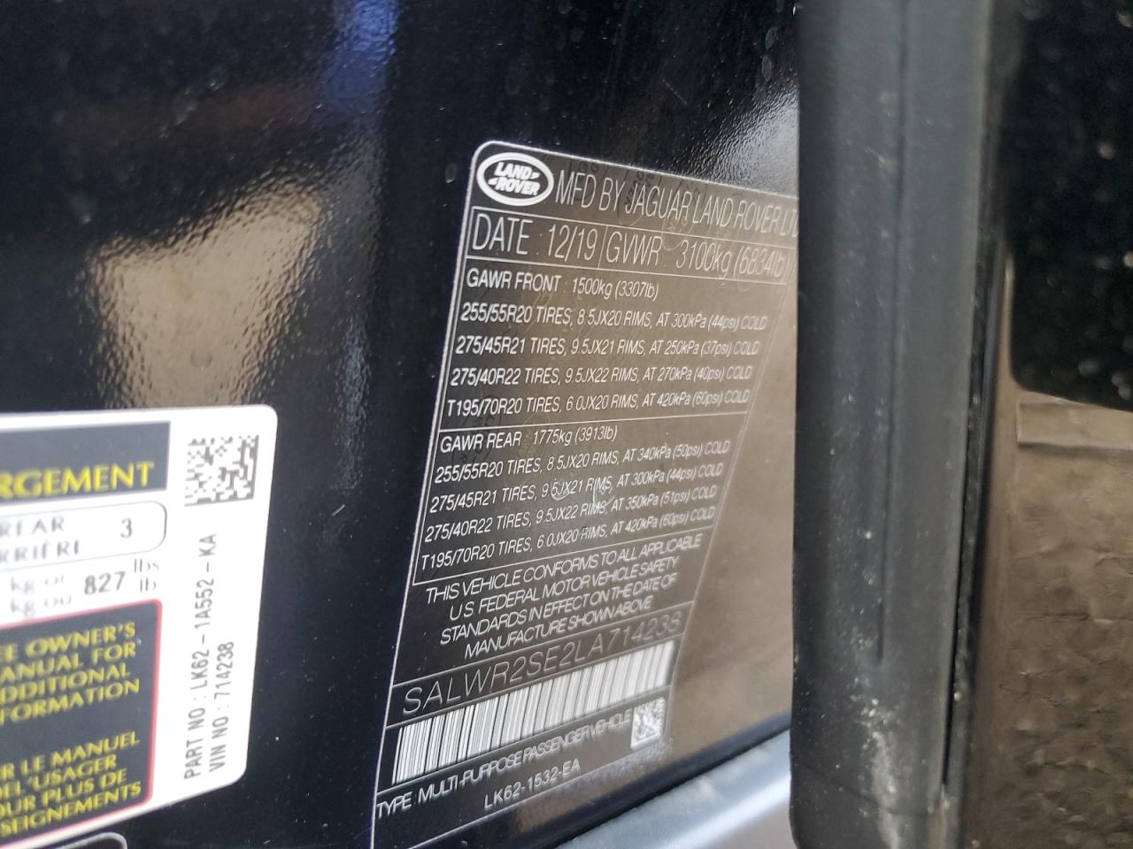 2020 Land Rover Range Rover Sport P525 Hse VIN: SALWR2SE2LA714238 Lot: 87038625