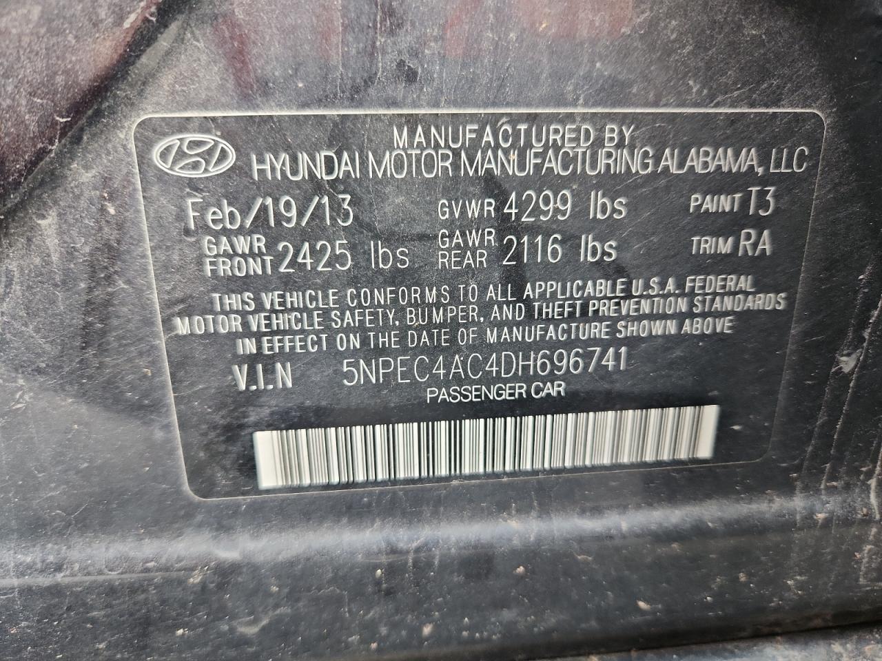 2013 Hyundai Sonata Se VIN: 5NPEC4AC4DH696741 Lot: 82441055