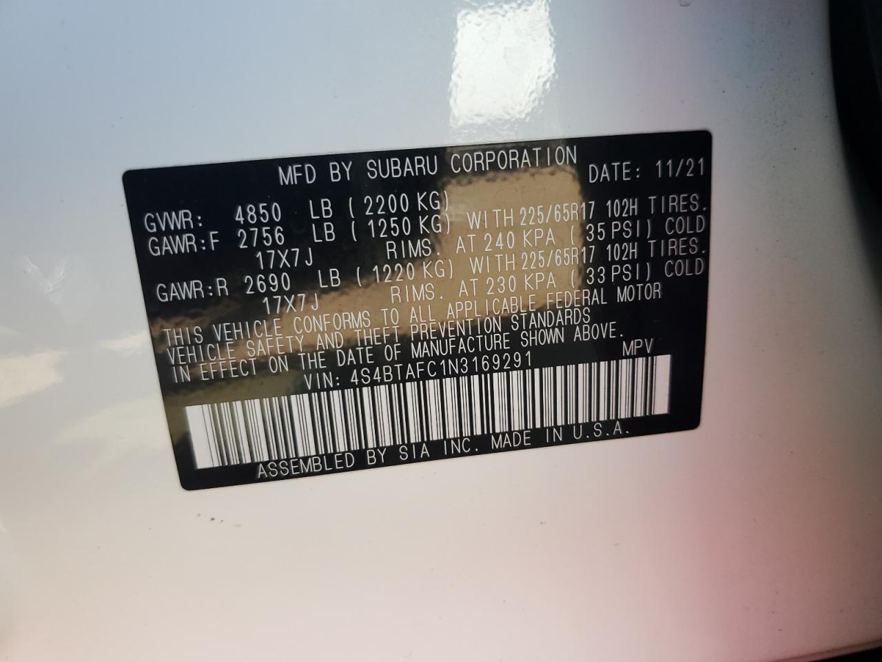 2022 Subaru Outback Premium VIN: 4S4BTAFC1N3169291 Lot: 84803965