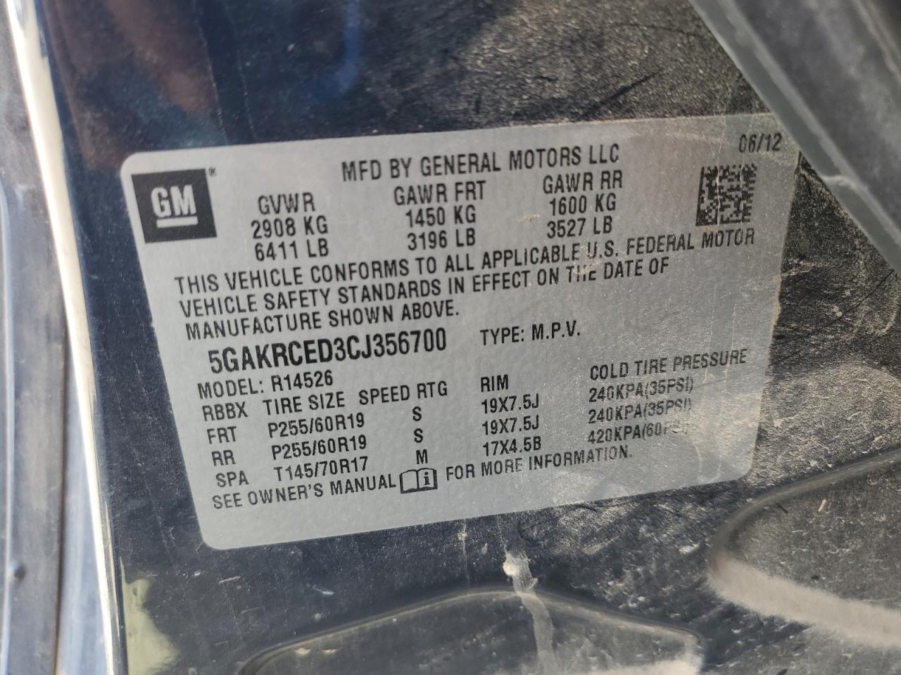 2012 Buick Enclave VIN: 5GAKRCED3CJ356700 Lot: 85736935