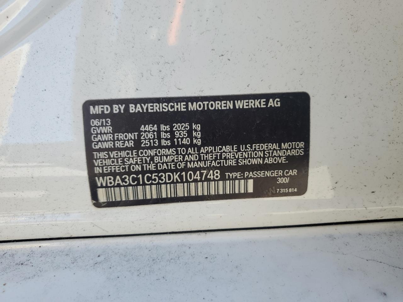 2013 BMW 328 I Sulev VIN: WBA3C1C53DK104748 Lot: 85577175