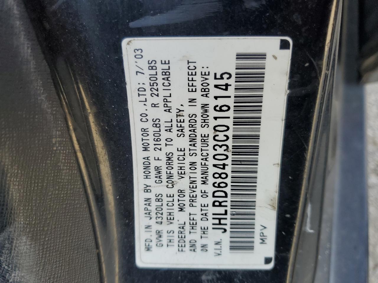 2003 Honda Cr-V Lx VIN: JHLRD68403C016145 Lot: 87486115