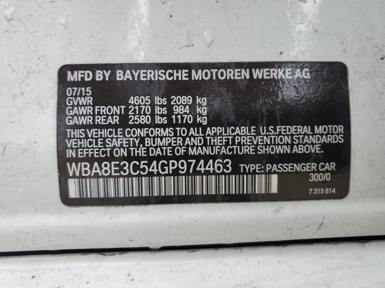 2016 BMW 328 Xi Sulev VIN: WBA8E3C54GP974463 Lot: 85529375