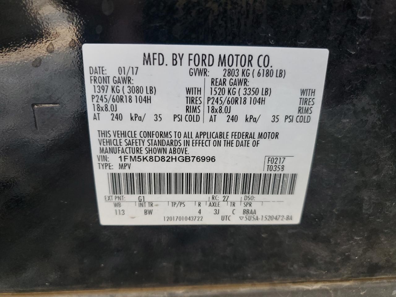 2017 Ford Explorer Xlt VIN: 1FM5K8D82HGB76996 Lot: 82354165