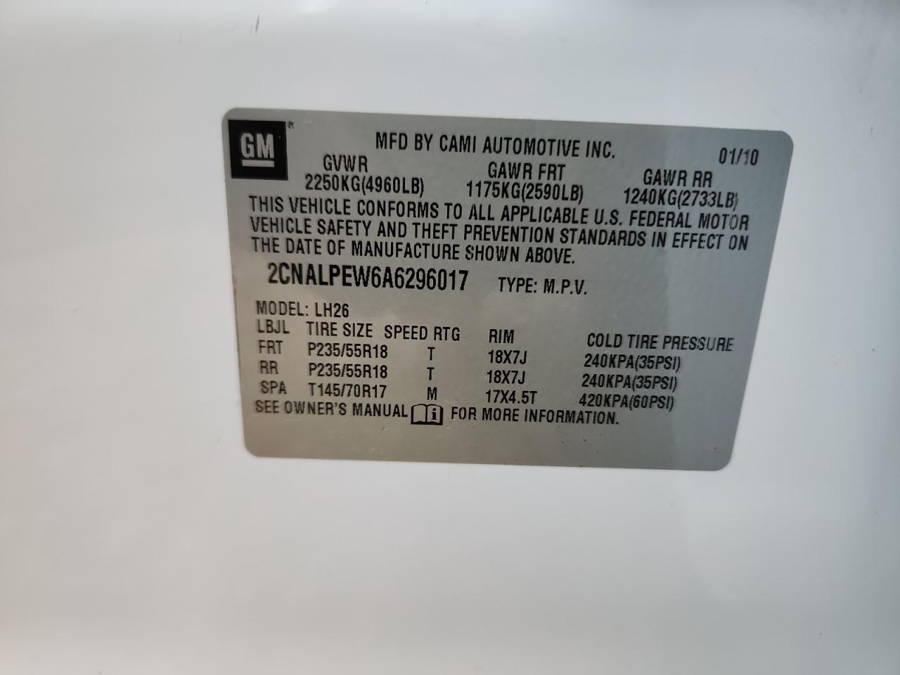 2010 Chevrolet Equinox Lt VIN: 2CNALPEW6A6296017 Lot: 85388065