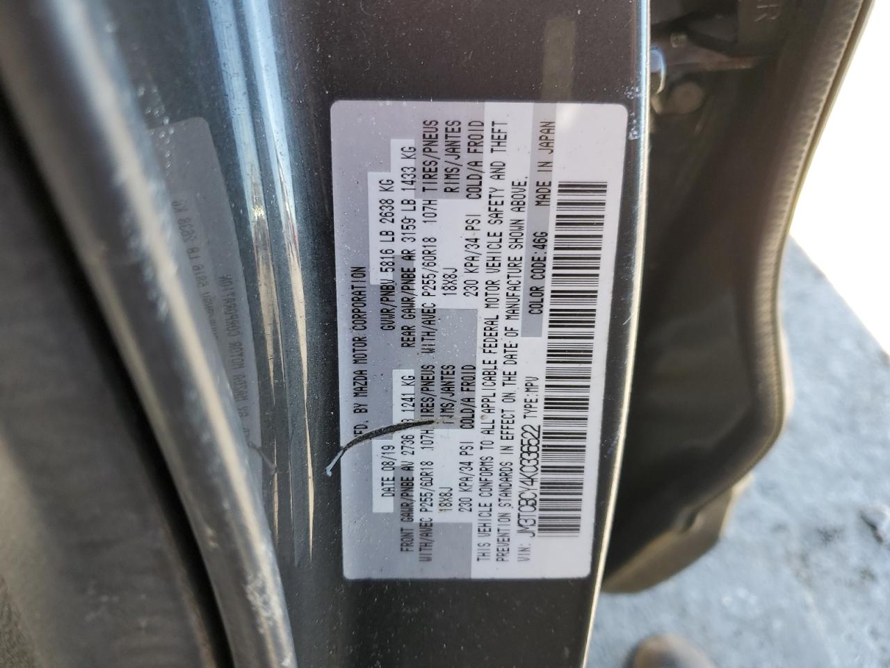 2019 Mazda Cx-9 Touring VIN: JM3TCBCY4K0336522 Lot: 90511365