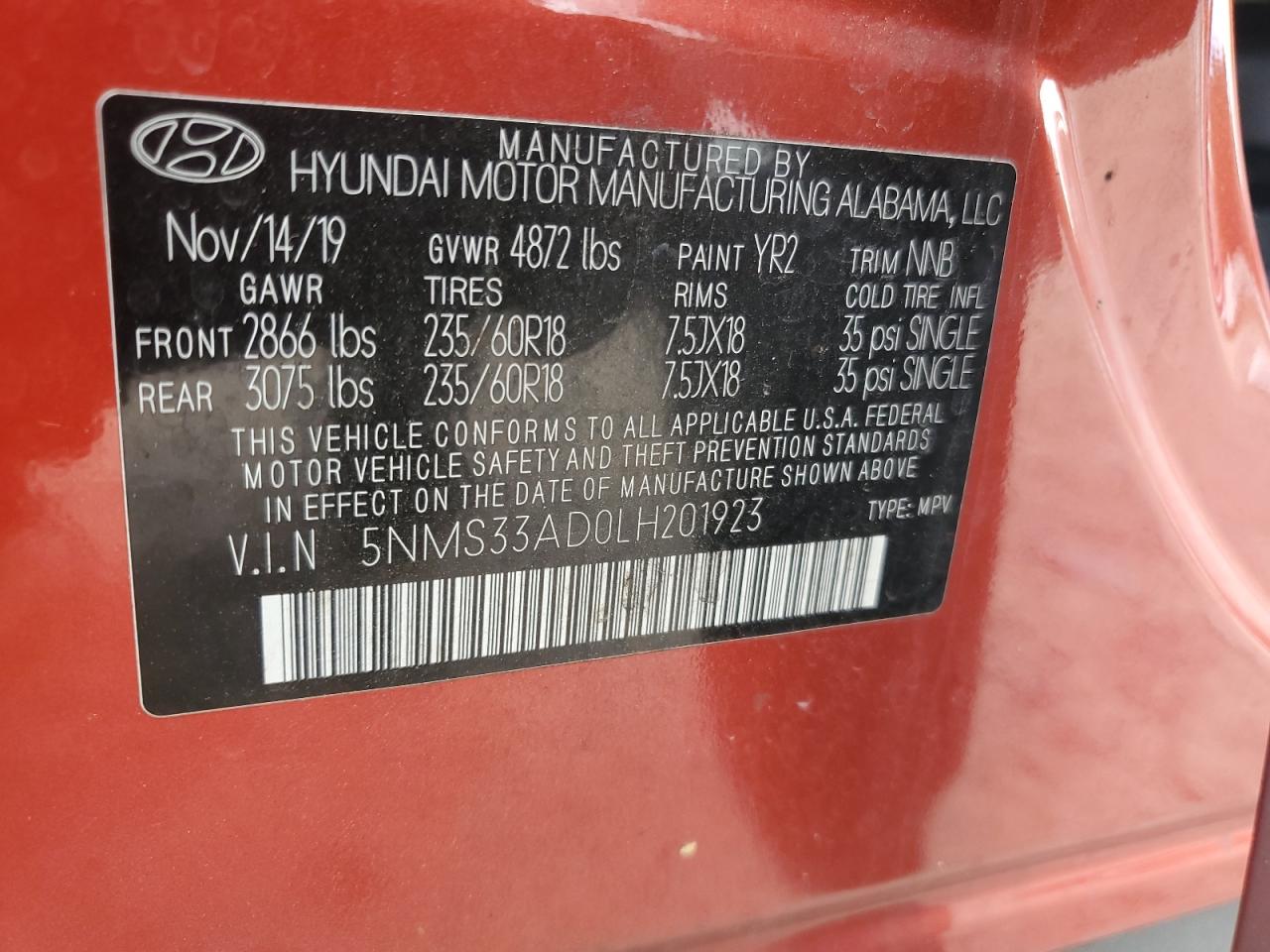 2020 Hyundai Santa Fe Sel VIN: 5NMS33AD0LH201923 Lot: 85717955