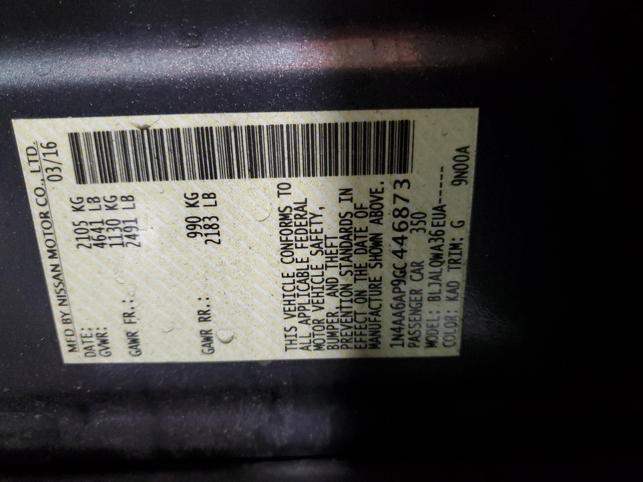 2016 Nissan Maxima 3.5S VIN: 1N4AA6AP9GC446873 Lot: 91096815