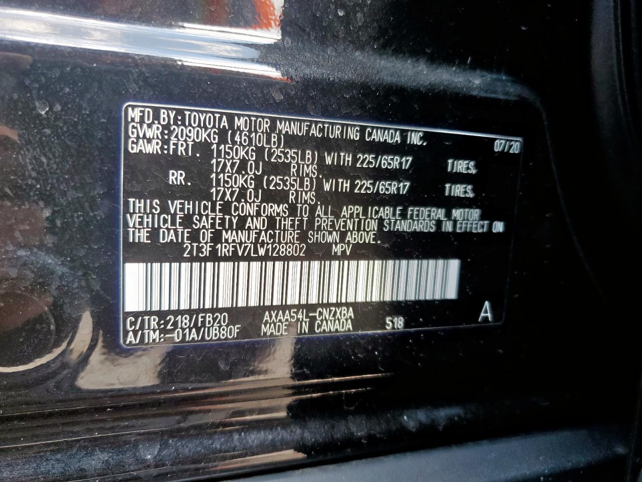 2020 Toyota Rav4 Le VIN: 2T3F1RFV7LW128802 Lot: 85555835