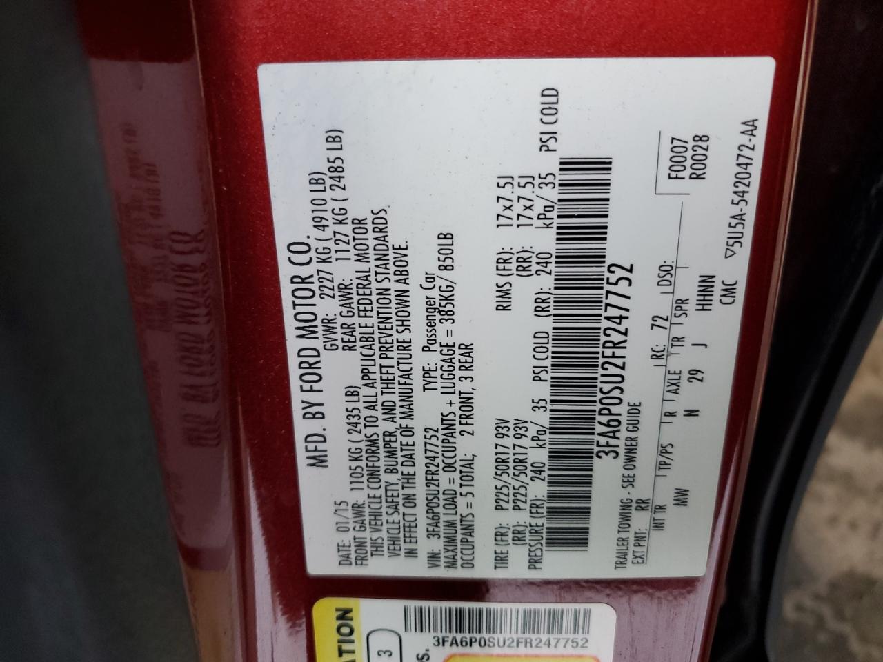 2015 Ford Fusion Titanium Phev VIN: 3FA6P0SU2FR247752 Lot: 82706295